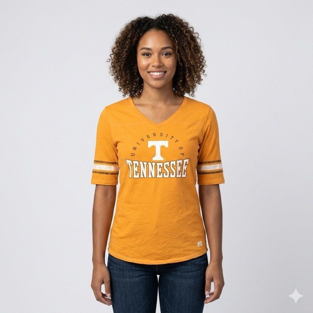 Russell Women's University of Tennessee V-Neck T-Shirt Orange Sparkle Sleeves L